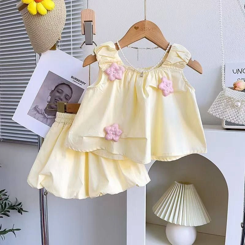 女童立体花苞套装夏季新款儿童时尚洋气时髦女宝可爱无袖两件套