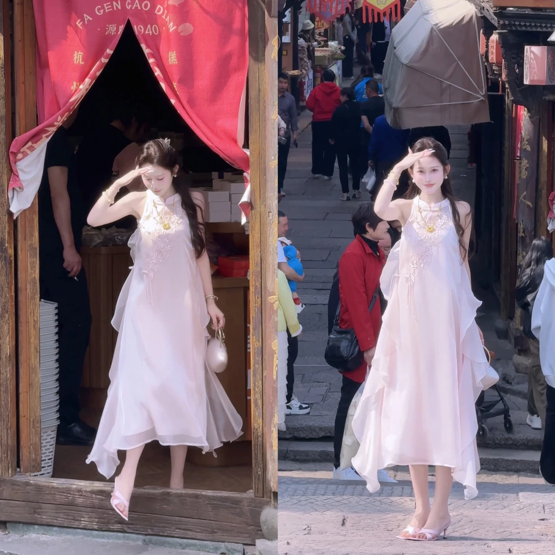 【婷婷】《翩若惊鸿》鎏金粉新中式立领刺绣背心连衣裙 TTZ2SC078