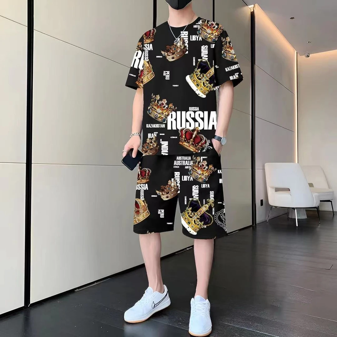 夏季新款薄款冰丝短袖T恤短裤男装男士短裤短袖套装男男冰丝套装