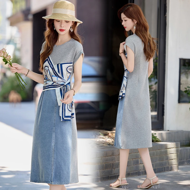 设计感假两件牛仔连衣裙女2025新款夏季薄款印花丝巾拼接开叉裙子