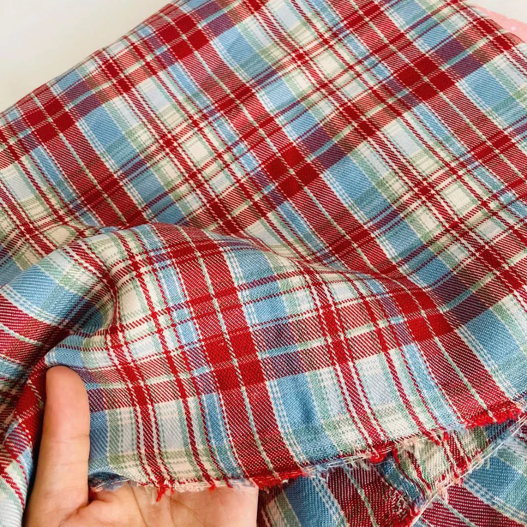 蓝红条纹格手工diy衣服衬衣布料