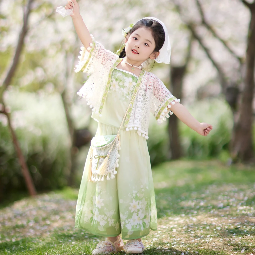 【清芙】汉服女童夏装宝宝2025新款中国风绿色裤子三件套女孩古装