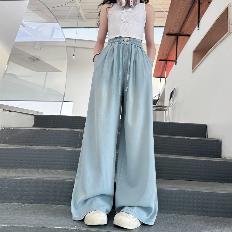 【嘻嘻柚】女童夏季天丝牛仔阔腿裤2025新款中大童薄款宽松休闲长裤