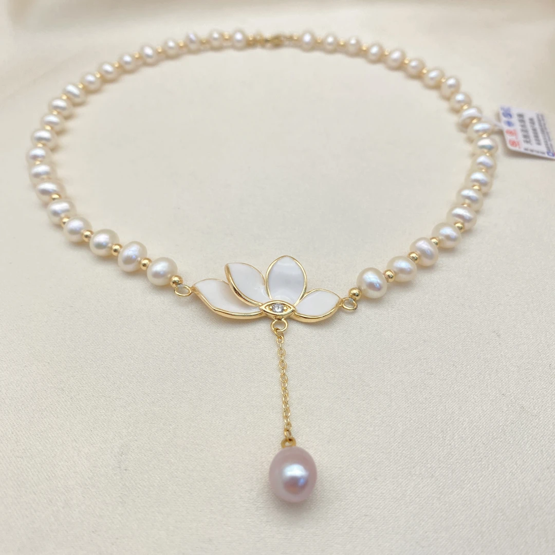 LH257【白莲花珍珠项链】气质轻奢时尚百搭复古仙女紫色中古