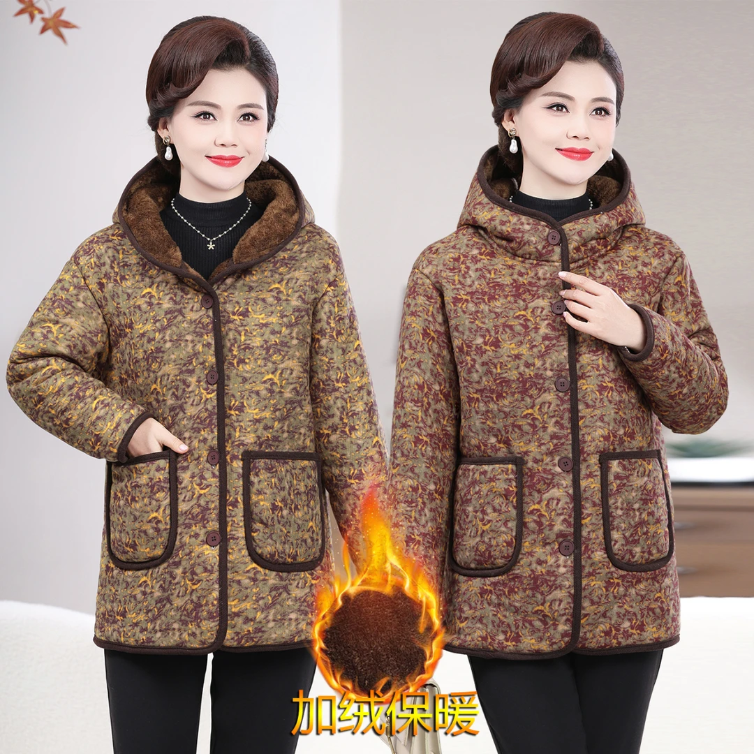 冬季妈妈特厚连帽棉衣中老年冬装宽松保暖加绒加厚大码棉服
