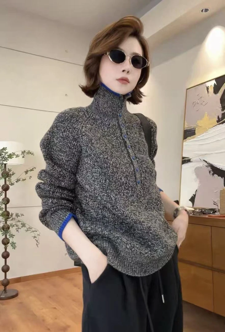 【左耳与麻】2025冬季新款羊毛浣熊撞色花纱百搭半开领毛衣女72656