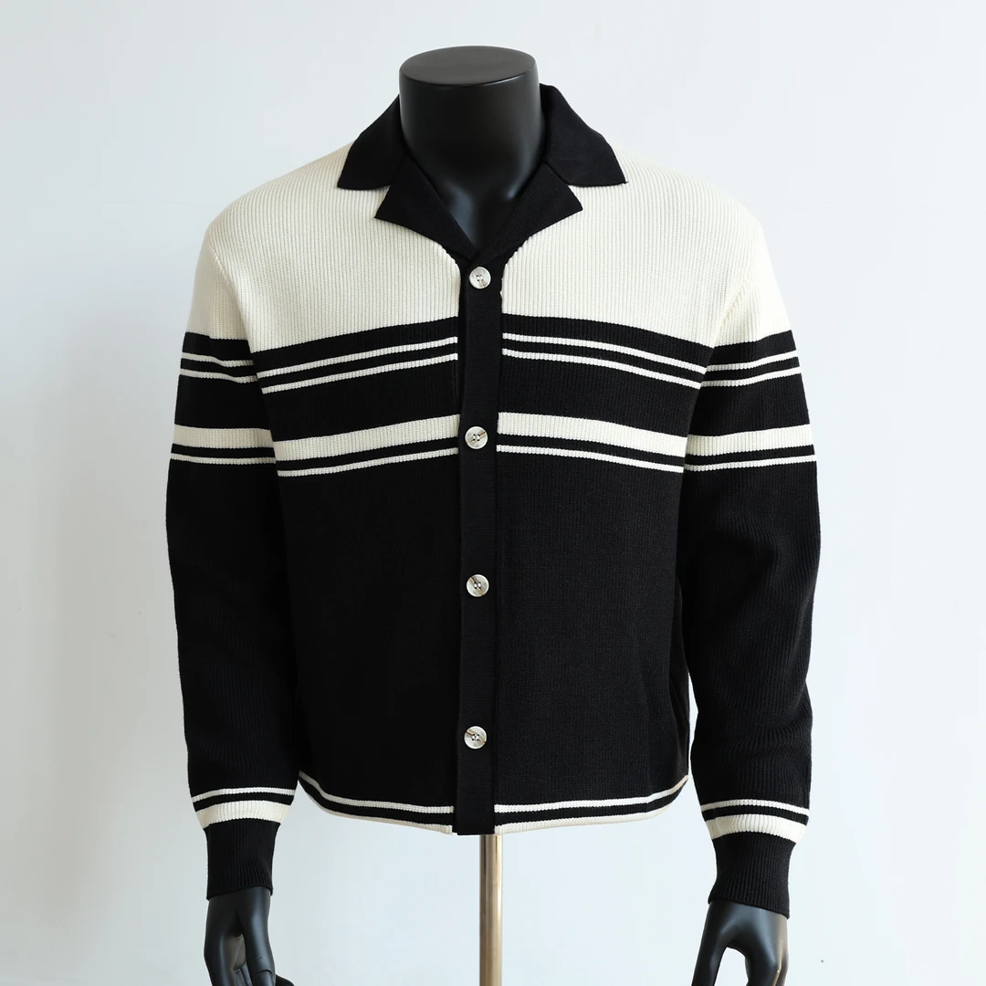 条纹针织翻领开衫男士2025新款秋季美式潮牌宽松拼色毛衣外套男款