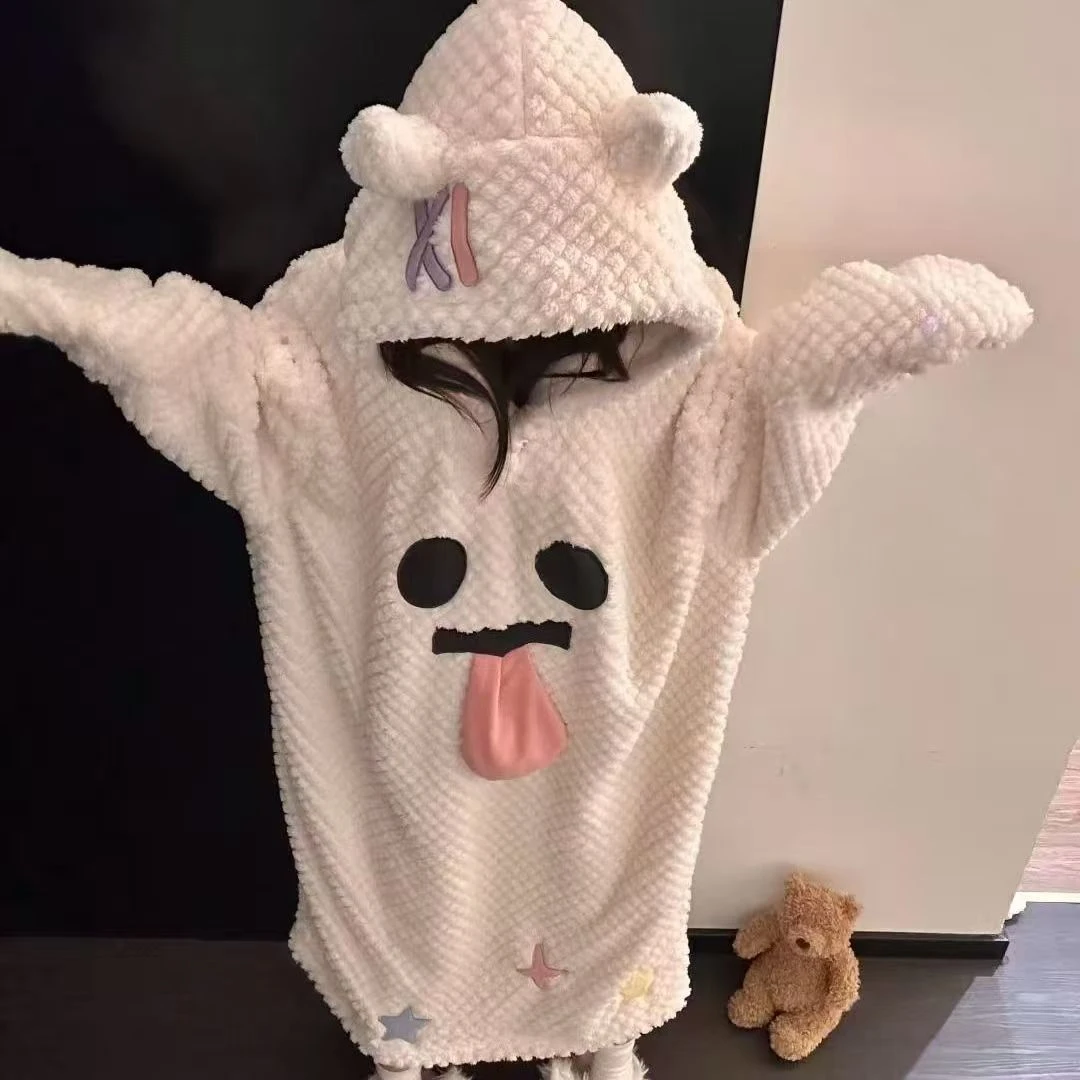 甜美可爱鬼脸法兰绒女款冬季加绒加厚家居服趣味卡通设计感睡裙