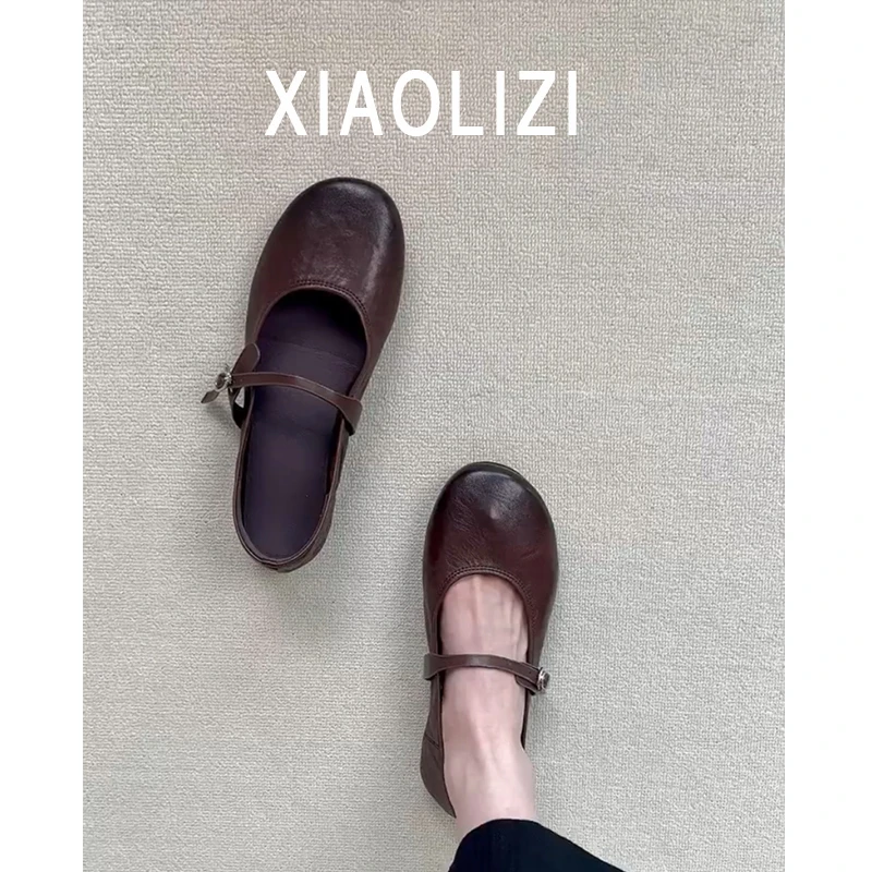 牛皮版~棕色圆头平底真皮小单鞋女新款浅口绑带软面玛丽珍女鞋子