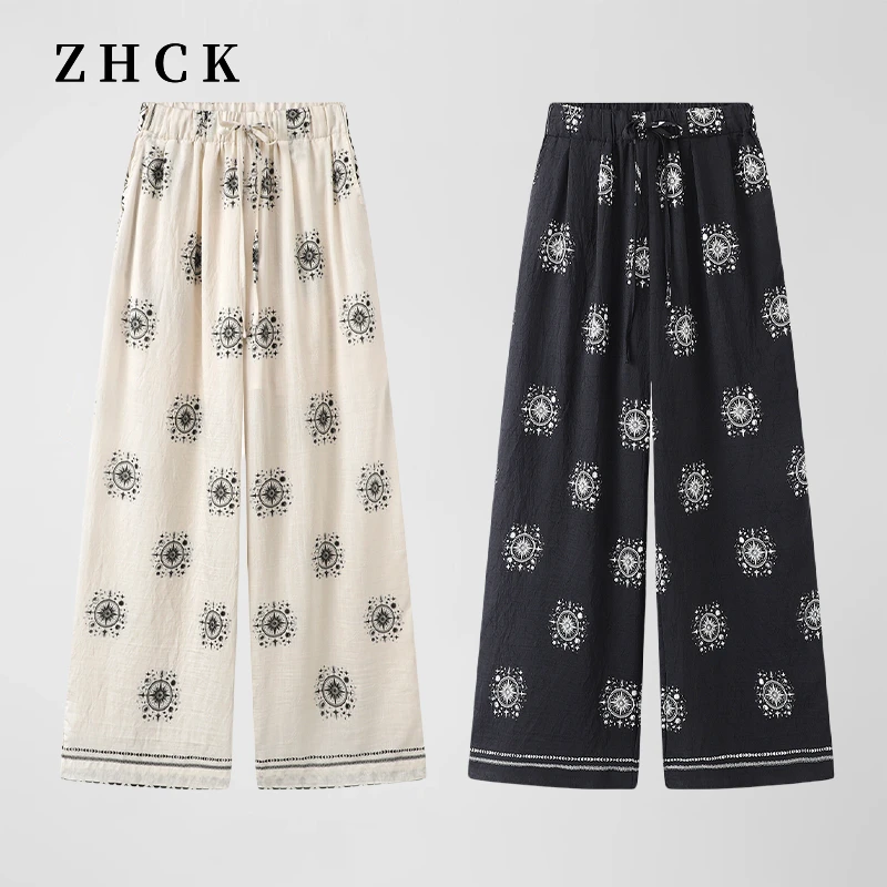ZHCK天丝提花复古松紧腰直筒裤2025夏季新款时尚潮流宽松阔腿裤