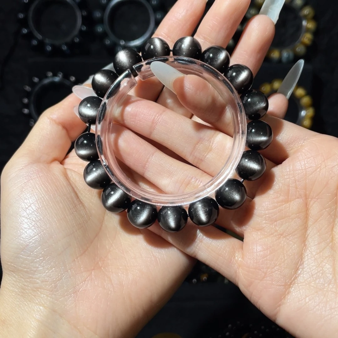 Y***…黑曜岩未镶嵌手链银曜石12mm手串
