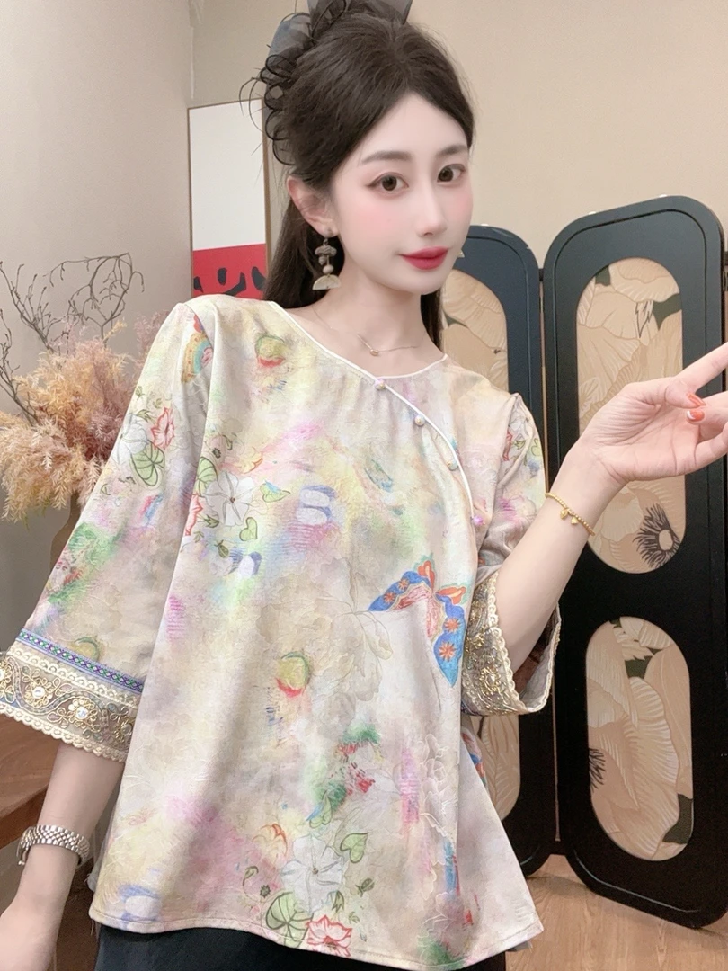 【盛夏】2025夏季新款气质百搭显瘦新中式短袖女日常宽松七分袖