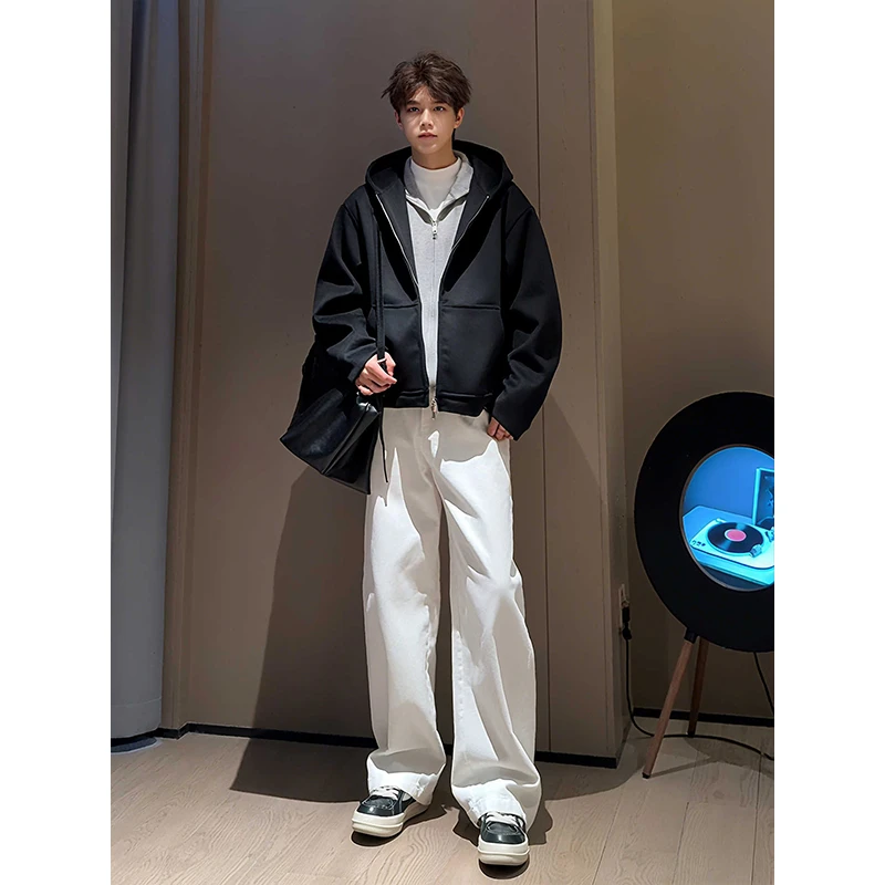 黑色重磅硬挺开衫卫衣男秋冬痞帅短款美式cleanfit连帽厚外套上衣