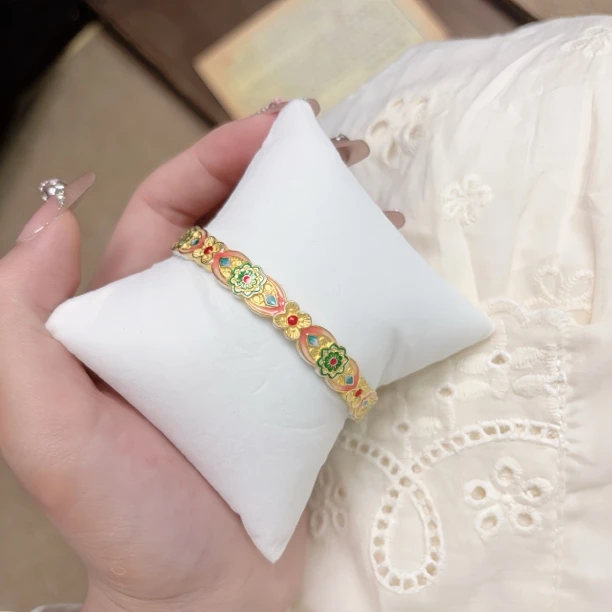 足银珐琅手镯 {花丝宝相花}窄款纯银手镯-实心足银999.9设计师