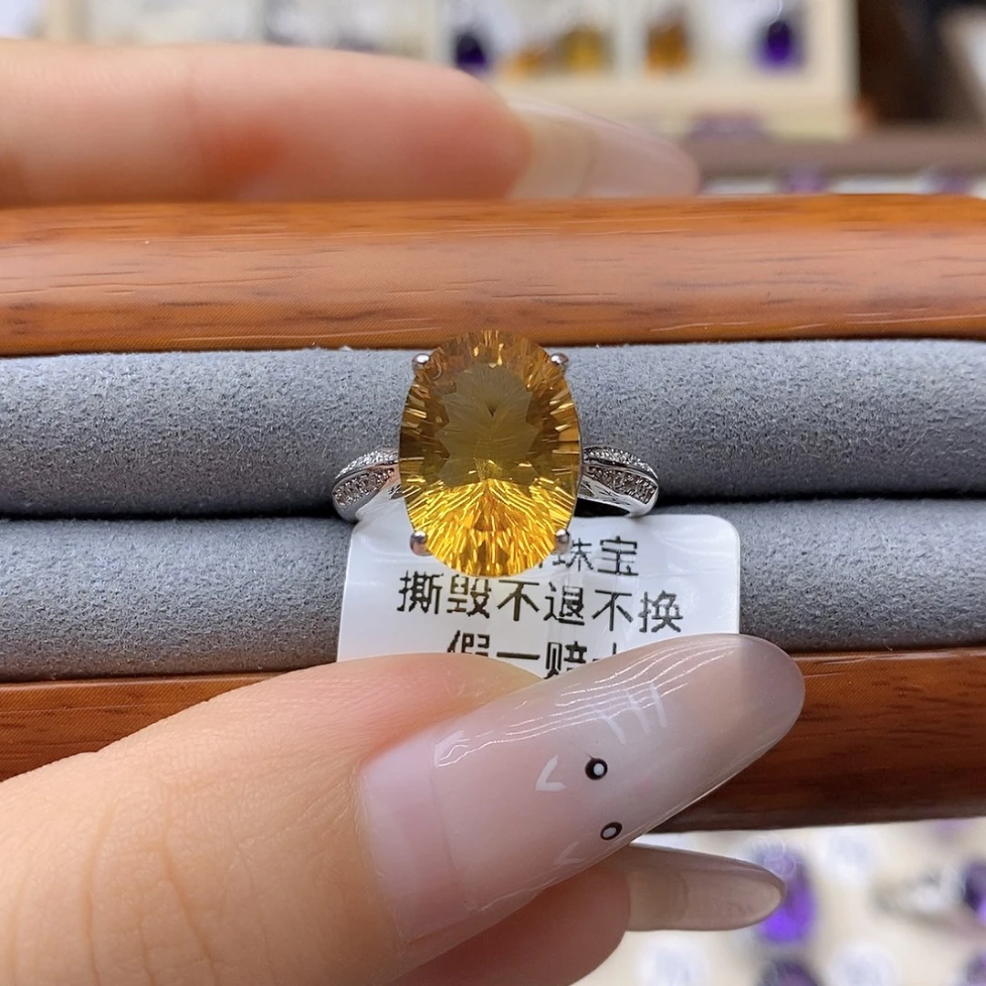 黑***孩戒指水晶银S925镶嵌纯天然无优化黄水晶Q