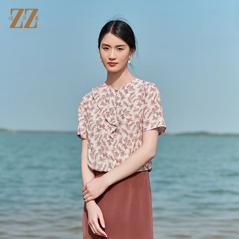 佐尔美夏季新款桑蚕丝真丝弹力双绉小碎花衬衣女E22CS88衬衫