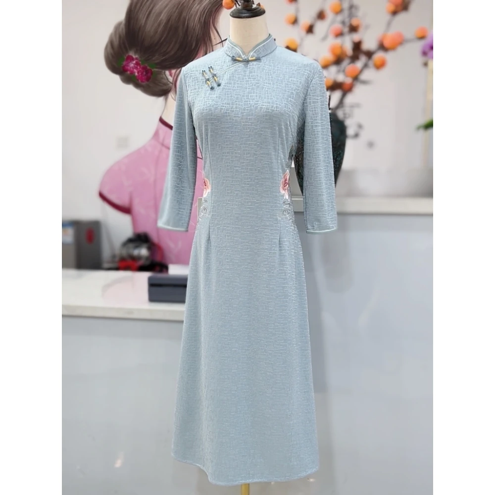 【花间旧事】衣长117新款早秋款复古中长高档文艺旗袍连衣裙