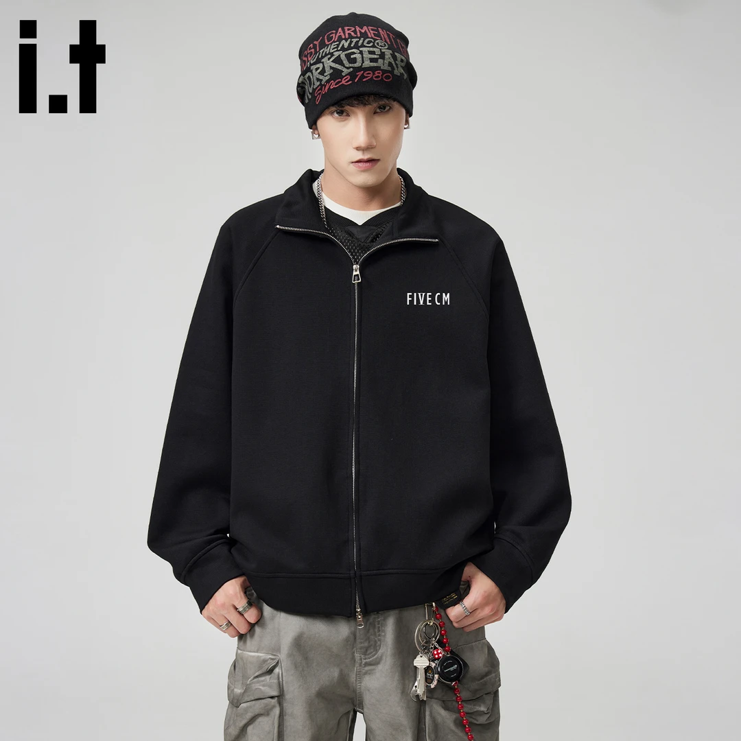 it FIVE CM黑色开衫潮牌卫衣男美式高街休闲夹克运动百搭立领外套