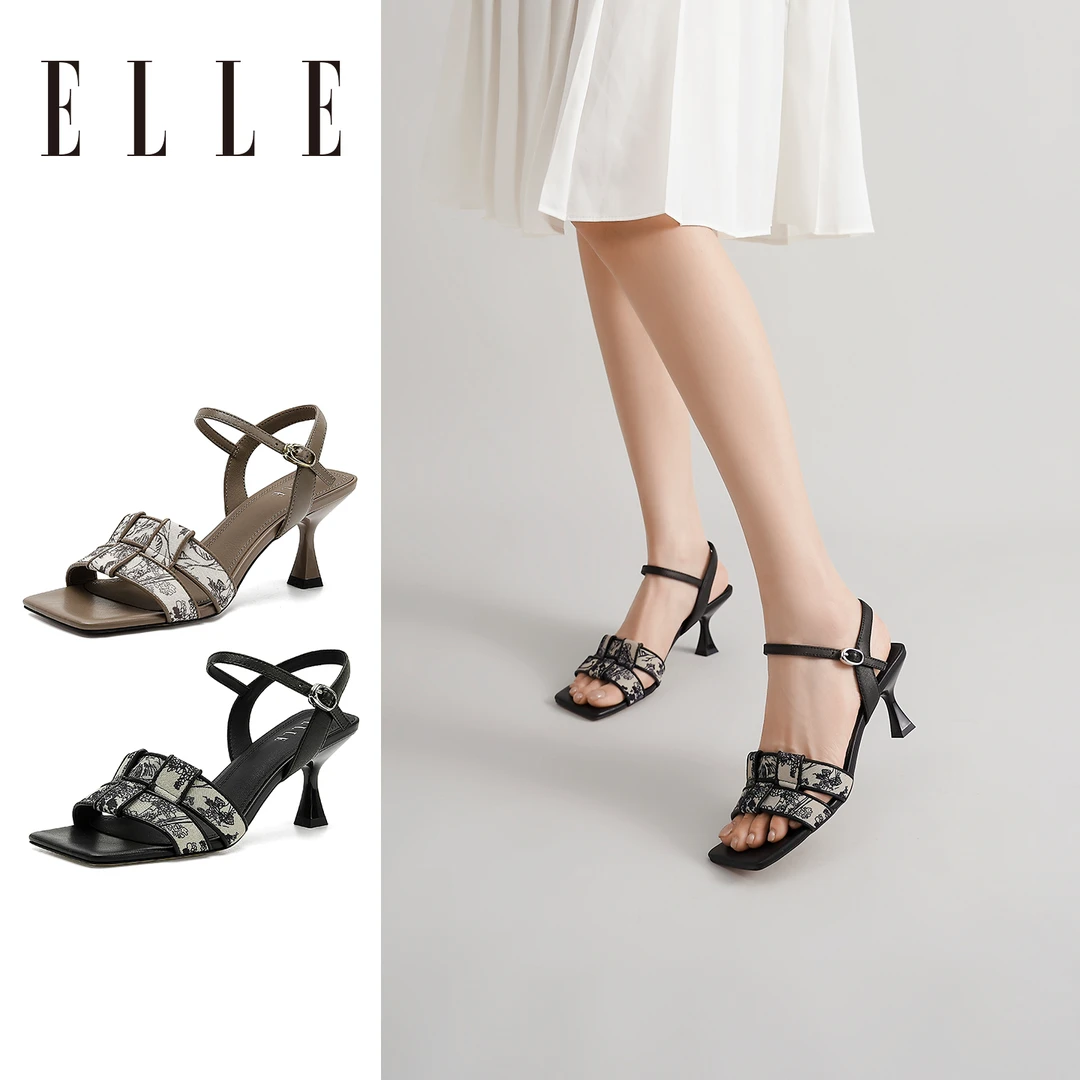 ELLE高跟妈妈凉鞋女夏季配旗袍2025新款羊皮软底一字扣细跟高跟鞋