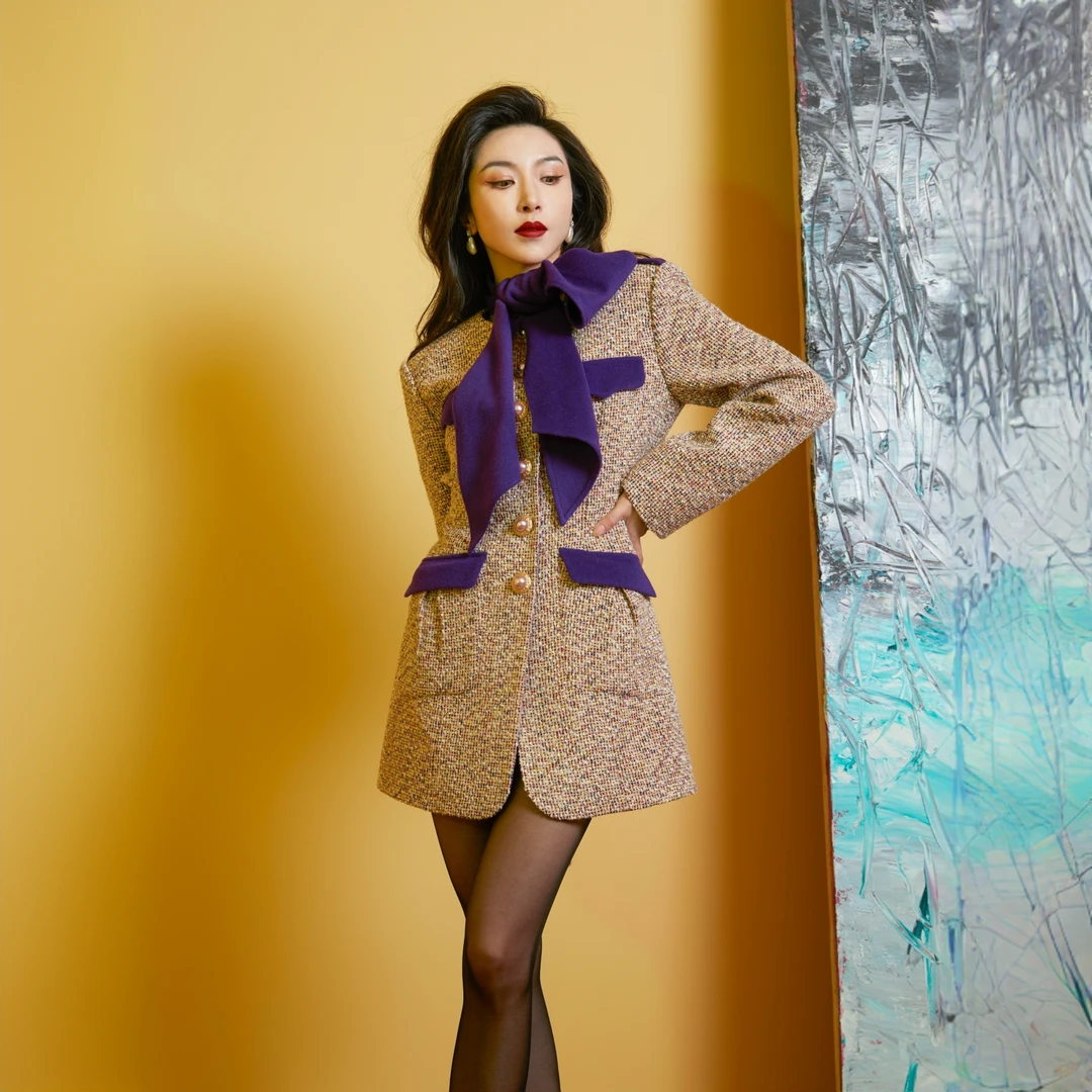 摩登香风轻奢紫金粗花呢连衣裙西装裙短外套X23D271