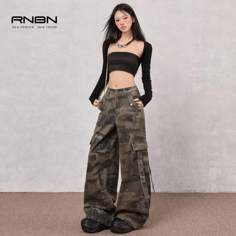 RNBN新款高街设计感工装酷辣风迷彩阔腿裤