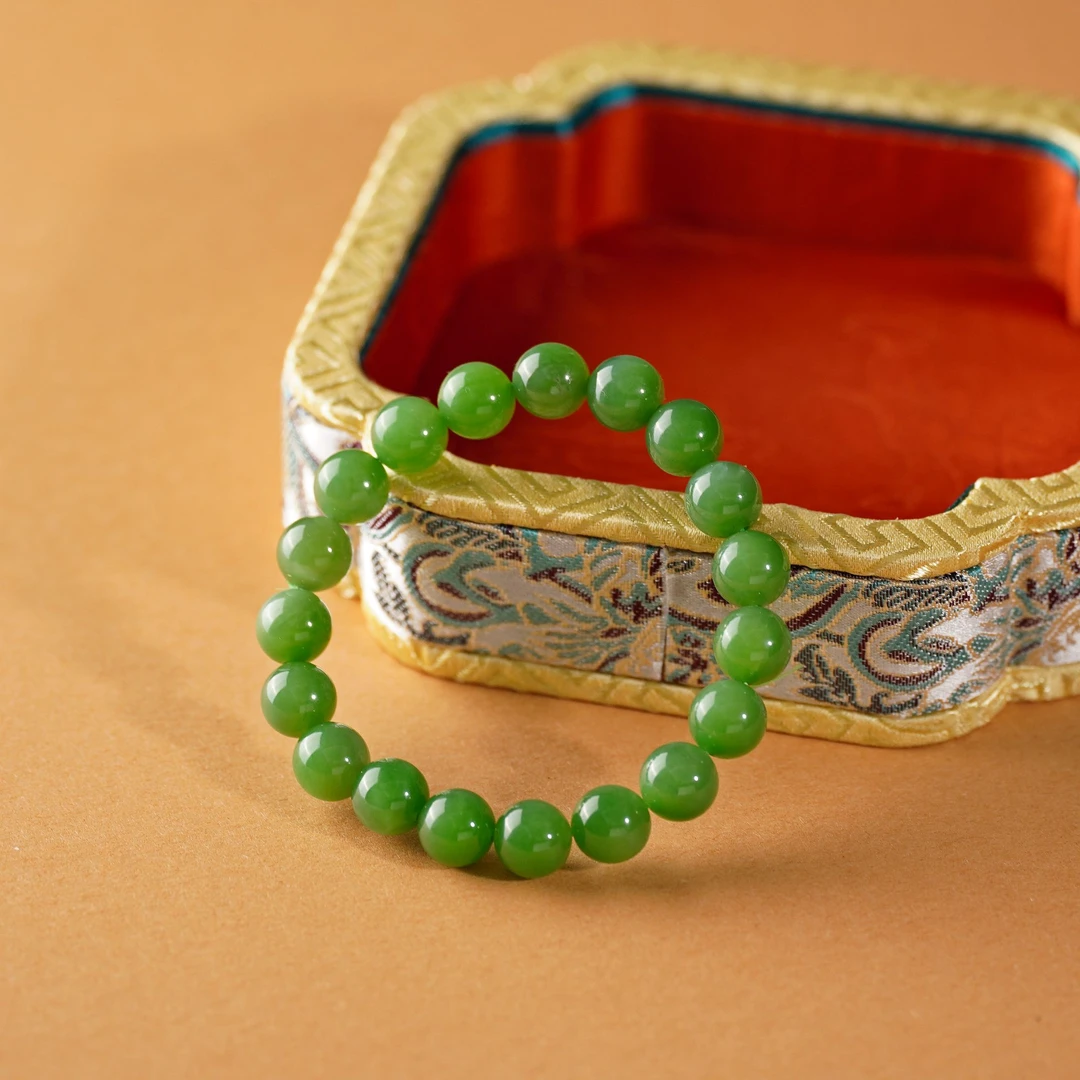 约9-10mm和田玉阳绿圆珠单圈手串