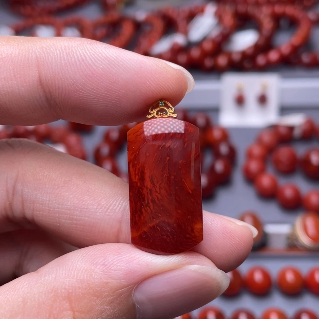 南红玛瑙未镶嵌南红玉石14×30mm瓦西原矿牛血火焰纹无事牌