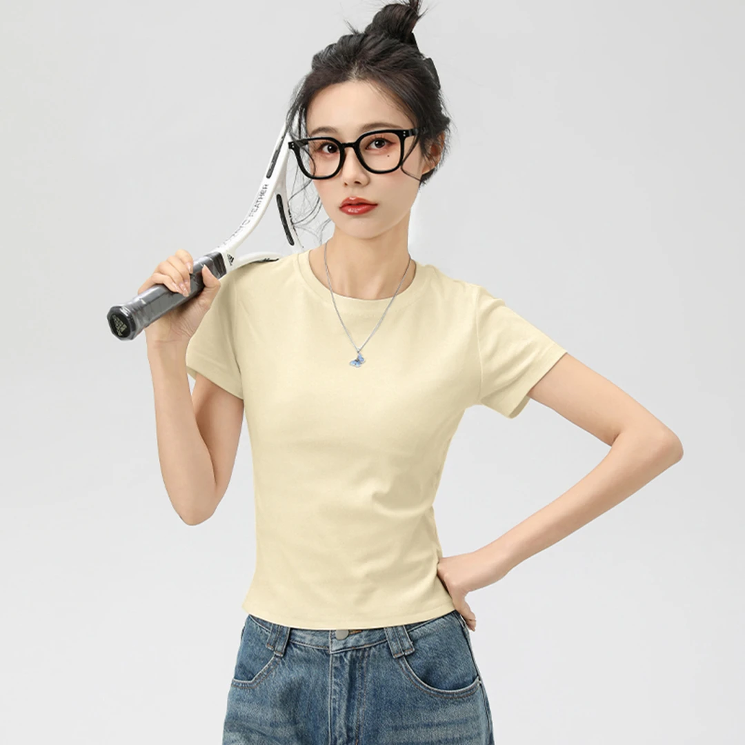 白色短袖女t恤夏2025新款爆款正肩少女感修身显瘦甜辣小上衣女潮