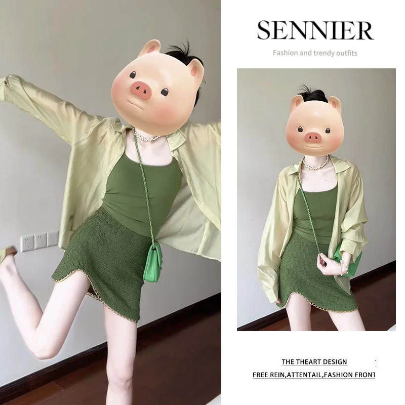 【现货】时尚穿搭女2025新款宽松防晒长袖衬衫显瘦吊带半身裙三件套