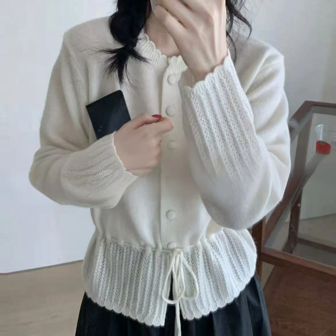 高档韩系下摆花边拼接毛衣女设计感收腰抽绳针织开衫小个子短款上