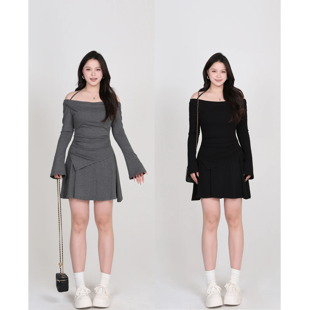 一口苏达收腰荡领 2025春挂脖两片式连衣裙春季百搭显瘦连衣裙