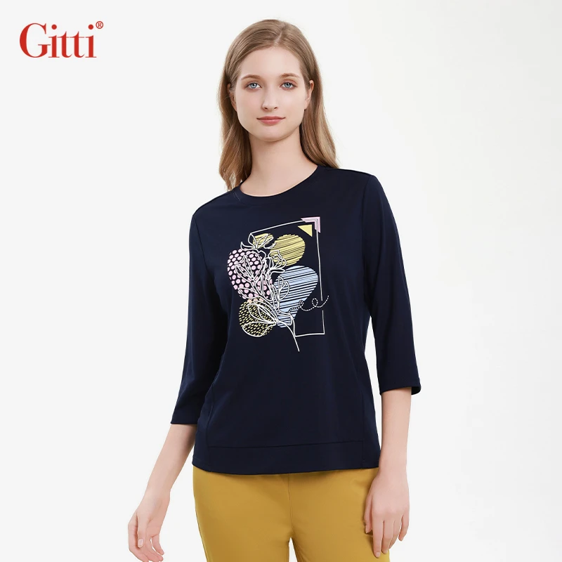 Gitti/吉蒂2025春夏新款印花圆领T恤女七分袖宽松大码上衣G251107