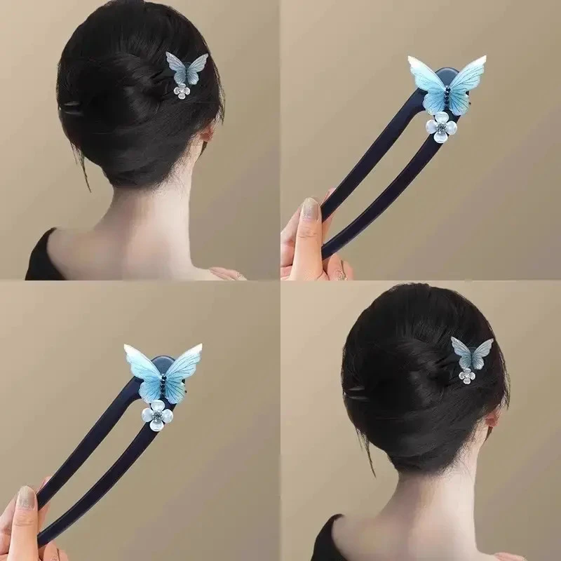 玉兰飘香！蓝色蝴蝶发簪！新中式复古超仙花朵木簪马面裙汉服发钗