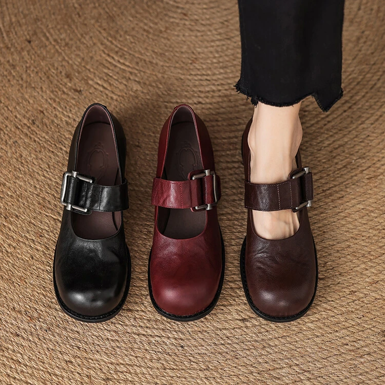 巨软羊皮~2.5cm春秋款真皮单鞋安可拉红金属扣圆头粗跟浅口玛丽珍