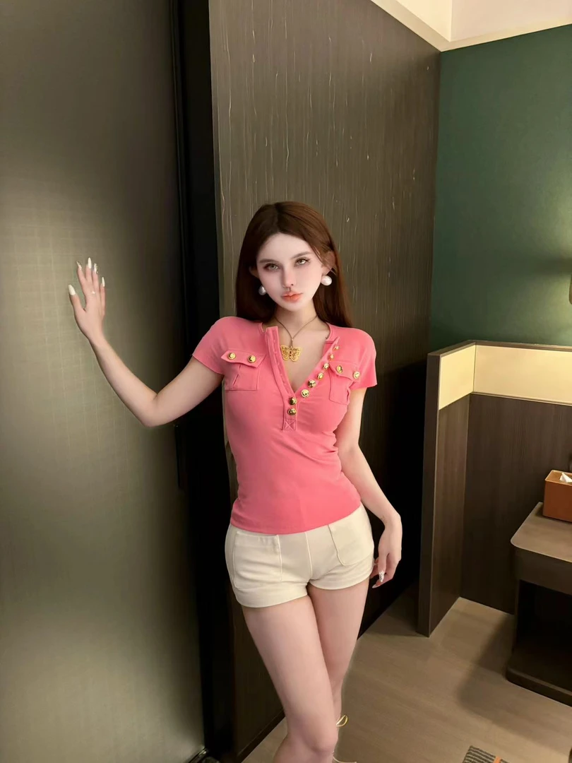 【复古老钱风】原创设计修身显瘦金扣小衫短袖