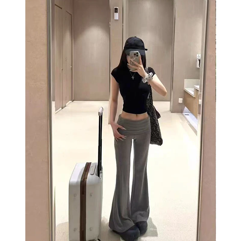 灰色微喇瑜伽运动休闲裤女夏季薄款高腰显瘦垂感辣妹阔腿拖地长裤