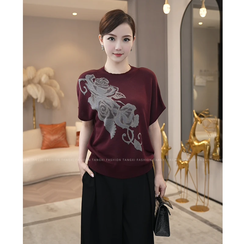 2025夏季新款【7334】冰丝小衫女曲珠冰麻短袖红色垂感设计小众内搭