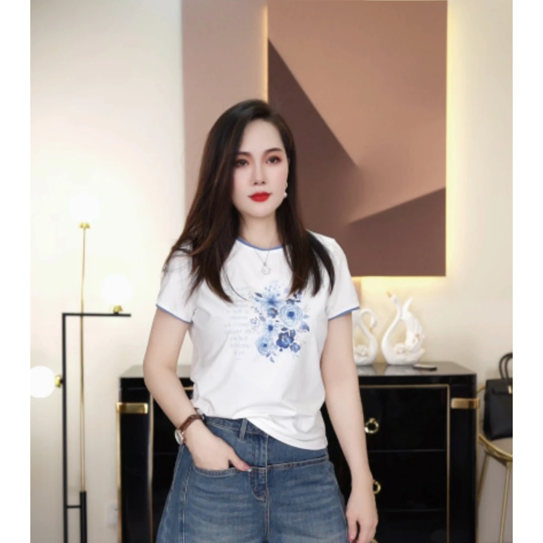 【柔柔定制】夏季重工刺绣印花圆领通勤T恤上衣1235