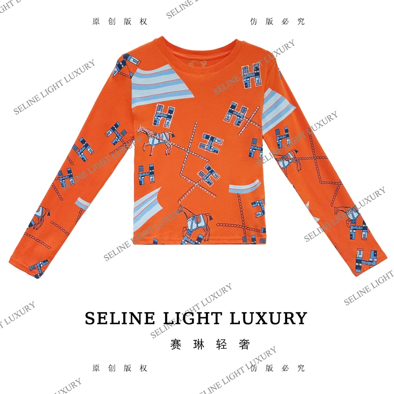 【25Q-604】 2025 SELINE 新款橙色小马印花时尚轻奢气质长袖T恤