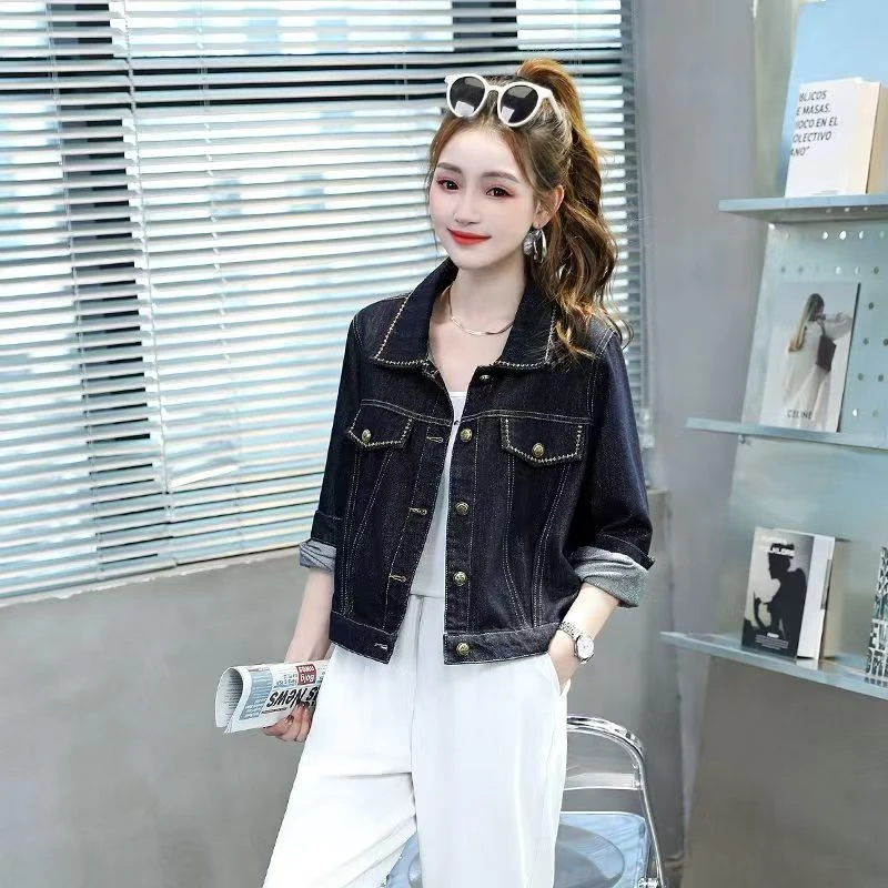 深蓝色短款牛仔外套女春秋装2025新款复古休闲翻领夹克小个子上衣
