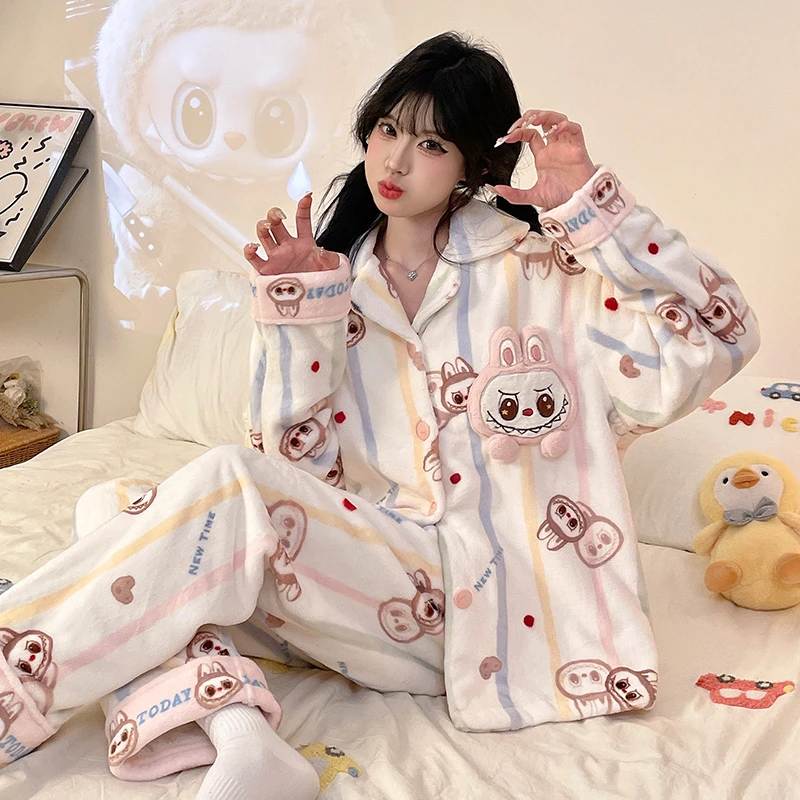 珊瑚绒秋冬季睡衣女保暖加厚加绒宿舍卡通小香风可外穿家居服套装
