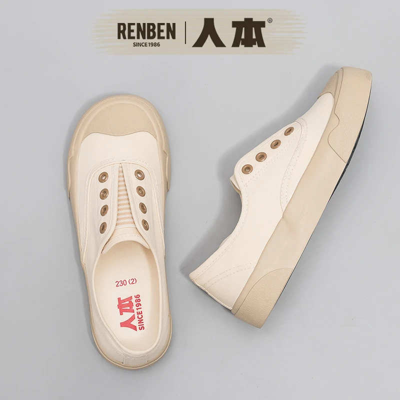 人本2025秋季新款一脚蹬帆布鞋女韩版百搭低帮鞋子复古休闲懒人鞋