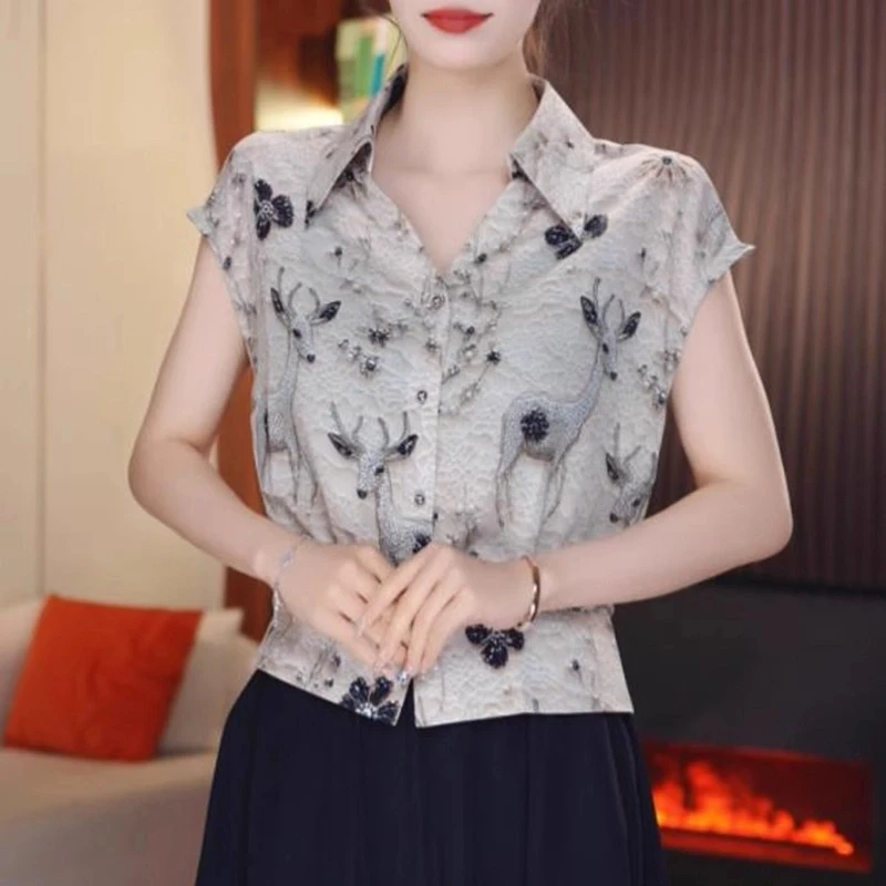 翻领短袖衬衫女夏季新款时尚花色气质小众设计感宽松显瘦百搭上衣