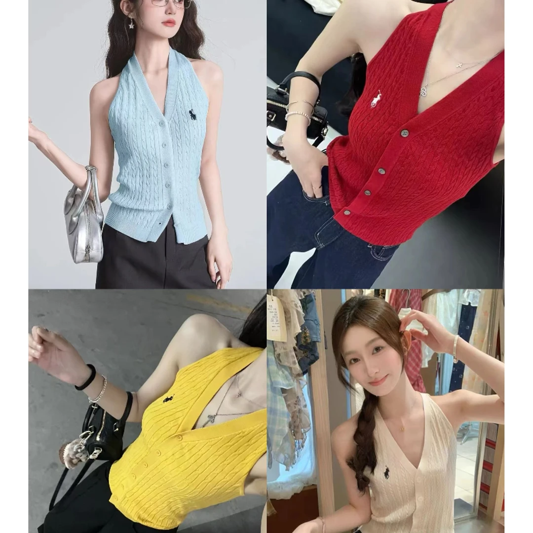 夏季挂脖露背针织背心新款韩版纯欲辣妹小马刺绣V领吊带上衣