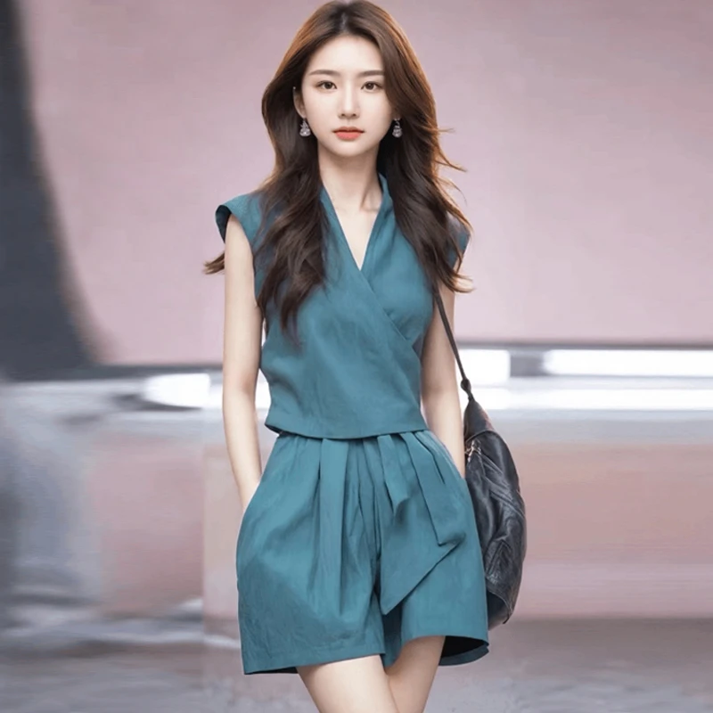 蓝色上衣短裤两件套装酷搭配一整套夏装轻熟夏季蓝色衬衫两件套