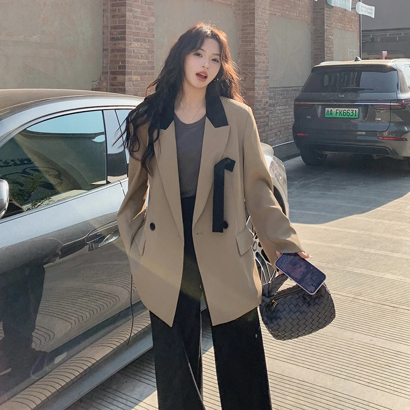西装外套女2025春季新款休闲宽松韩版小众拼色设计感气质西服上衣