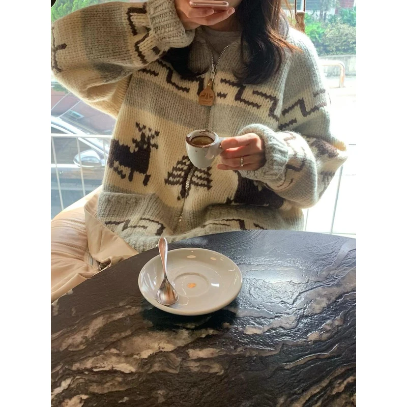 「圣诞费尔岛毛衣」韩单BRUNC*秋冬手工提花双开拉链开衫