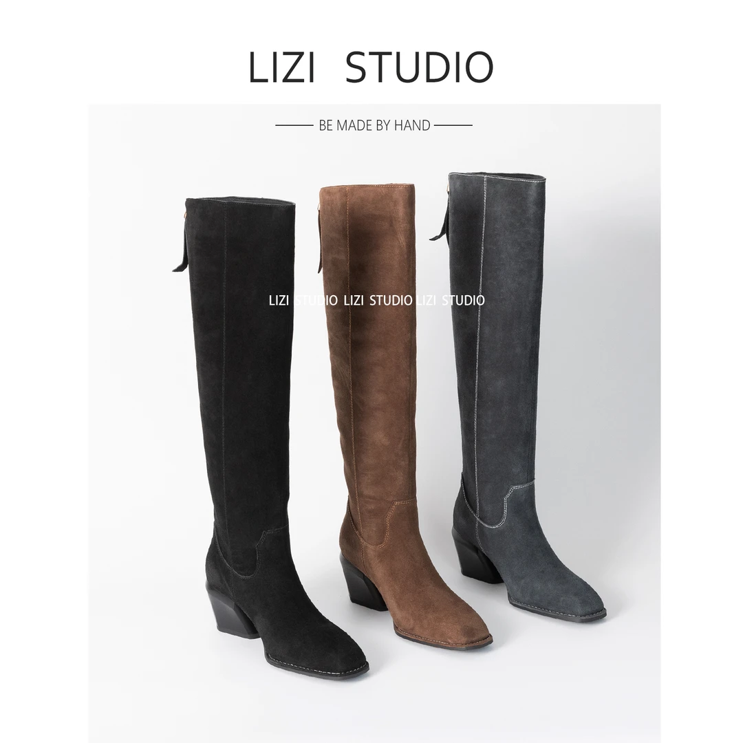 【栗子】6CM极简显腿长粗跟高跟后拉链及膝靴