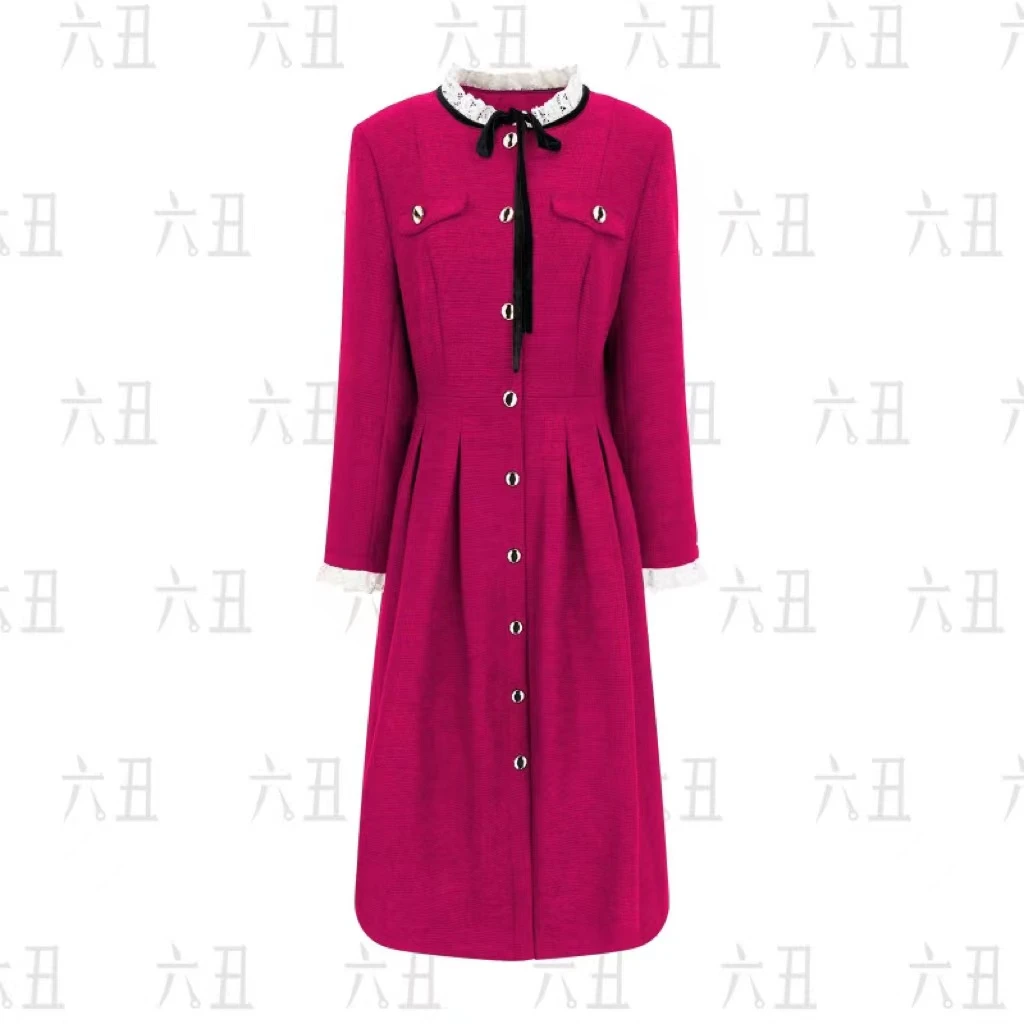 【六丑】新款法式气质显瘦温柔风蕾丝白领系带连衣裙412LYQ0678