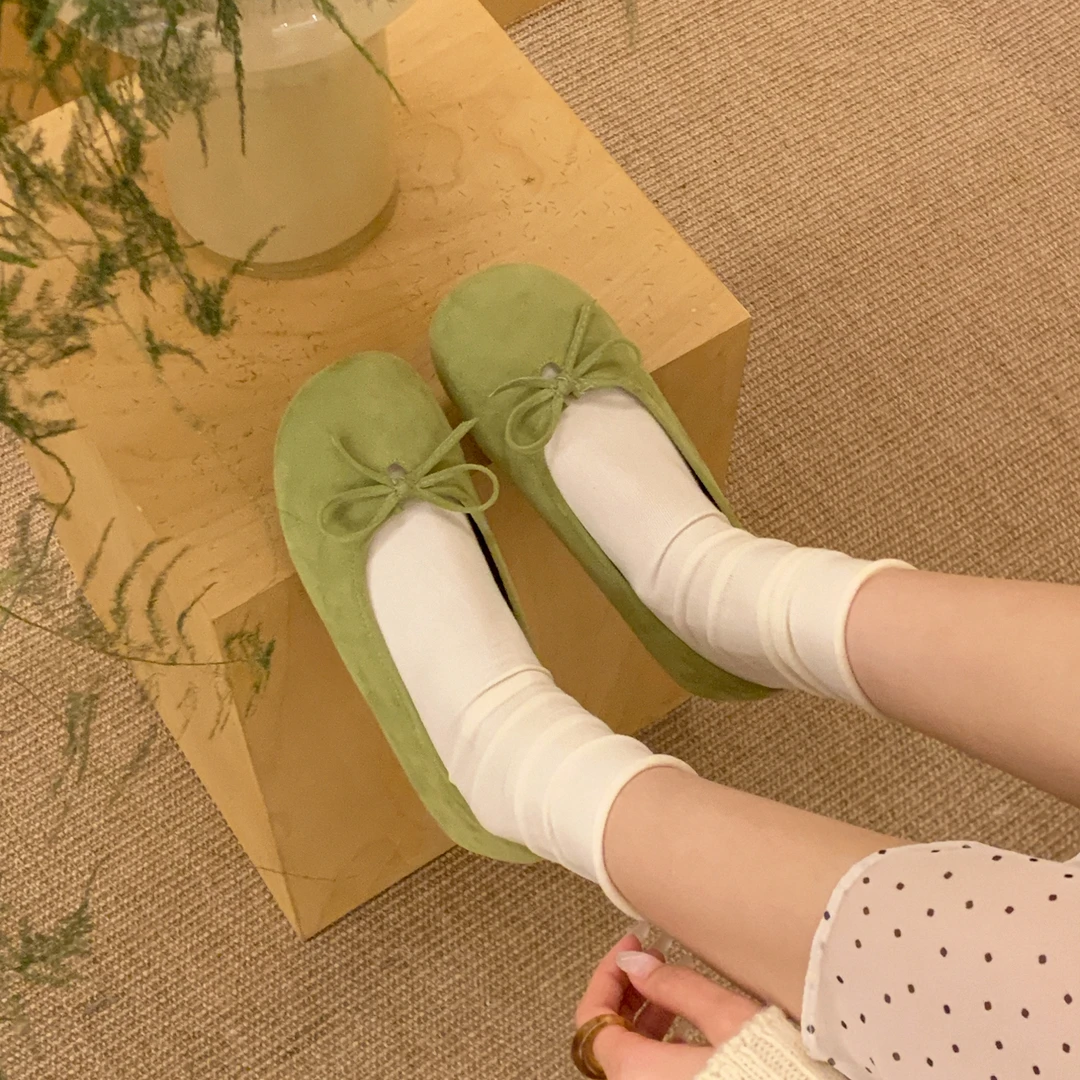 61oniiii＂森林仙子＂韩国绒面蝴蝶结玛丽珍单鞋女方头平底鞋子